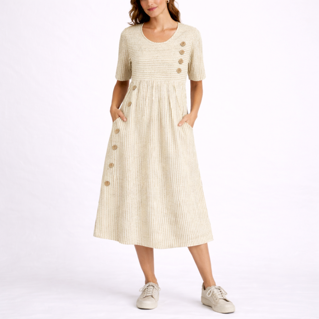Harriet | Women’s Midi Dress | Striped Pattern Side Buttons Everyday Wear — image 03 — MAREACO