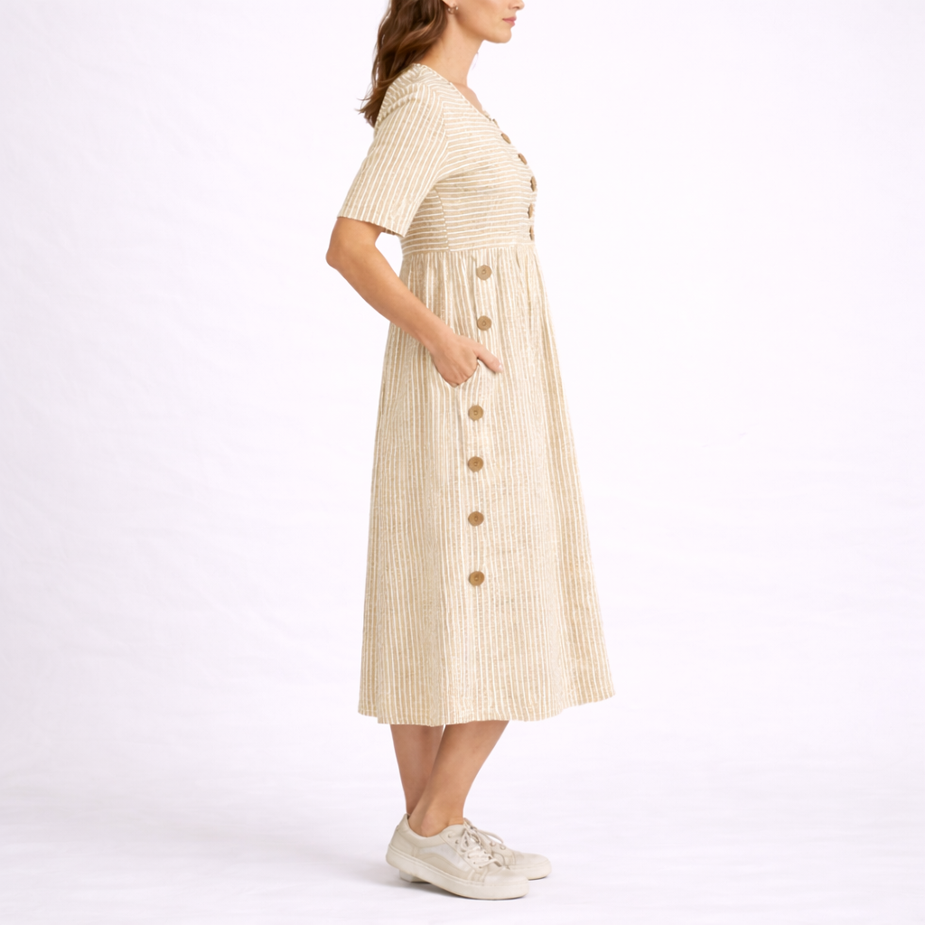 Harriet | Women’s Midi Dress | Striped Pattern Side Buttons Everyday Wear — image 04 — MAREACO