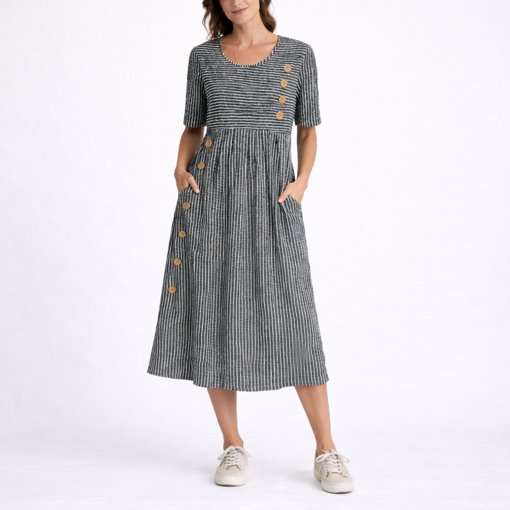 Harriet | Women’s Midi Dress | Striped Pattern Side Buttons Everyday Wear — image 05 — MAREACO