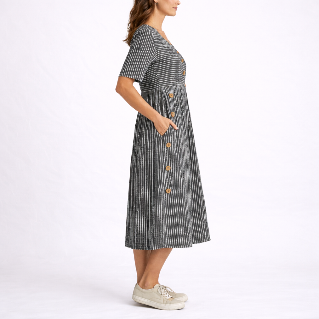 Harriet | Women’s Midi Dress | Striped Pattern Side Buttons Everyday Wear — image 06 — MAREACO