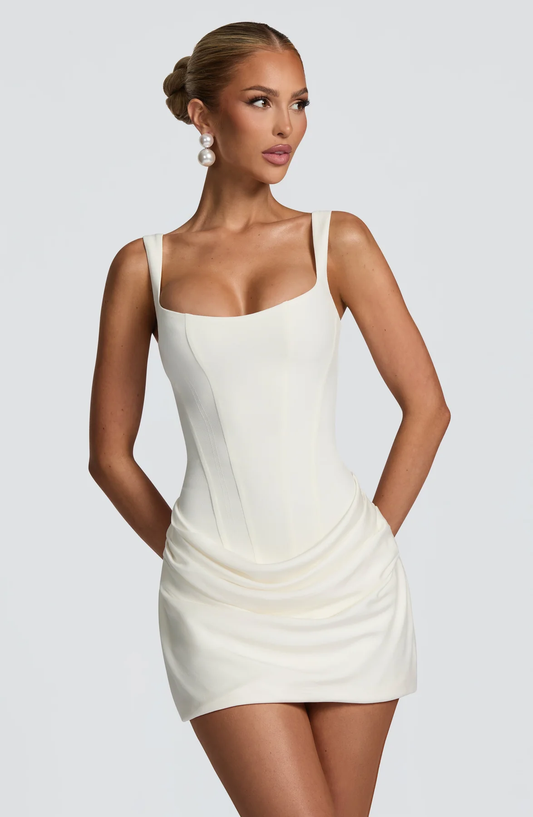 Harriet | Women’s Mini Dress | Square Neck Draped Skirt Evening Wear — image 01 — MAREACO