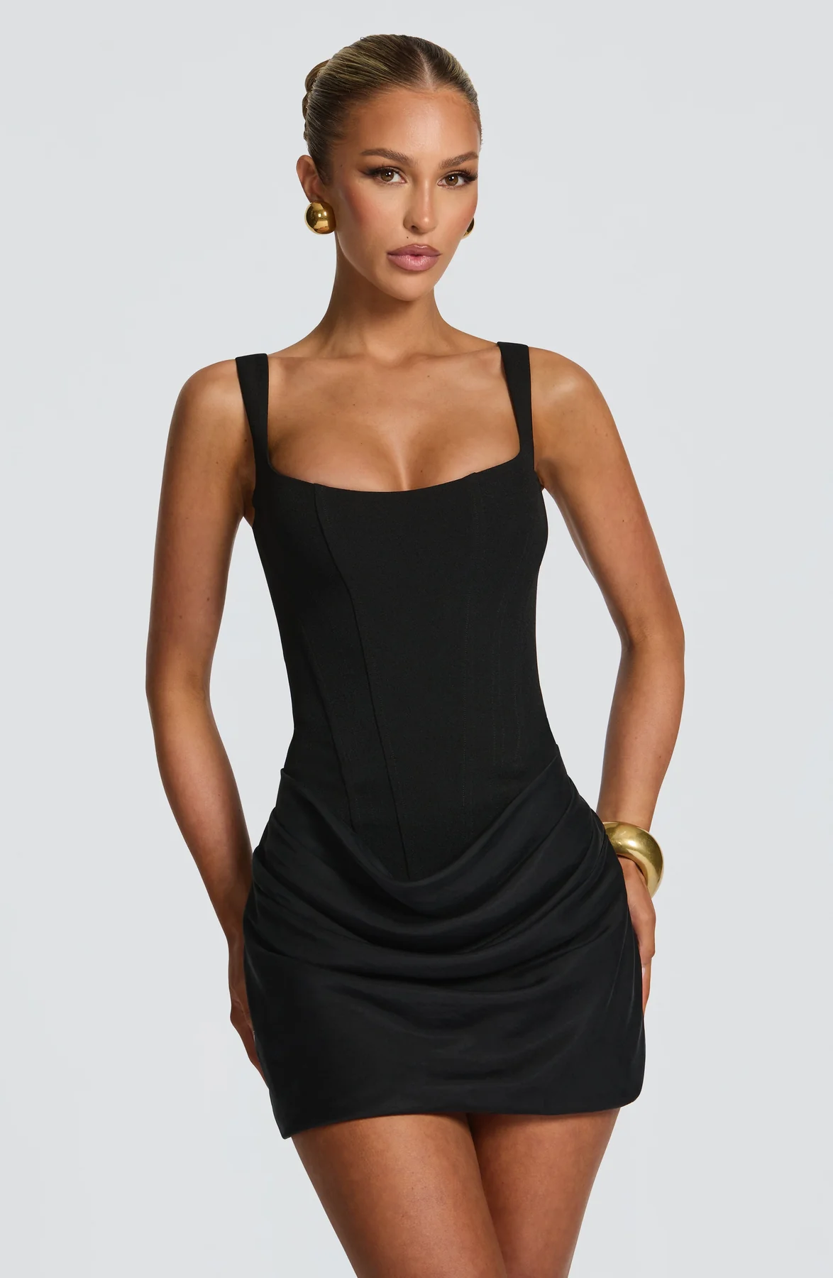 Harriet | Women’s Mini Dress | Square Neck Draped Skirt Evening Wear — image 05 — MAREACO
