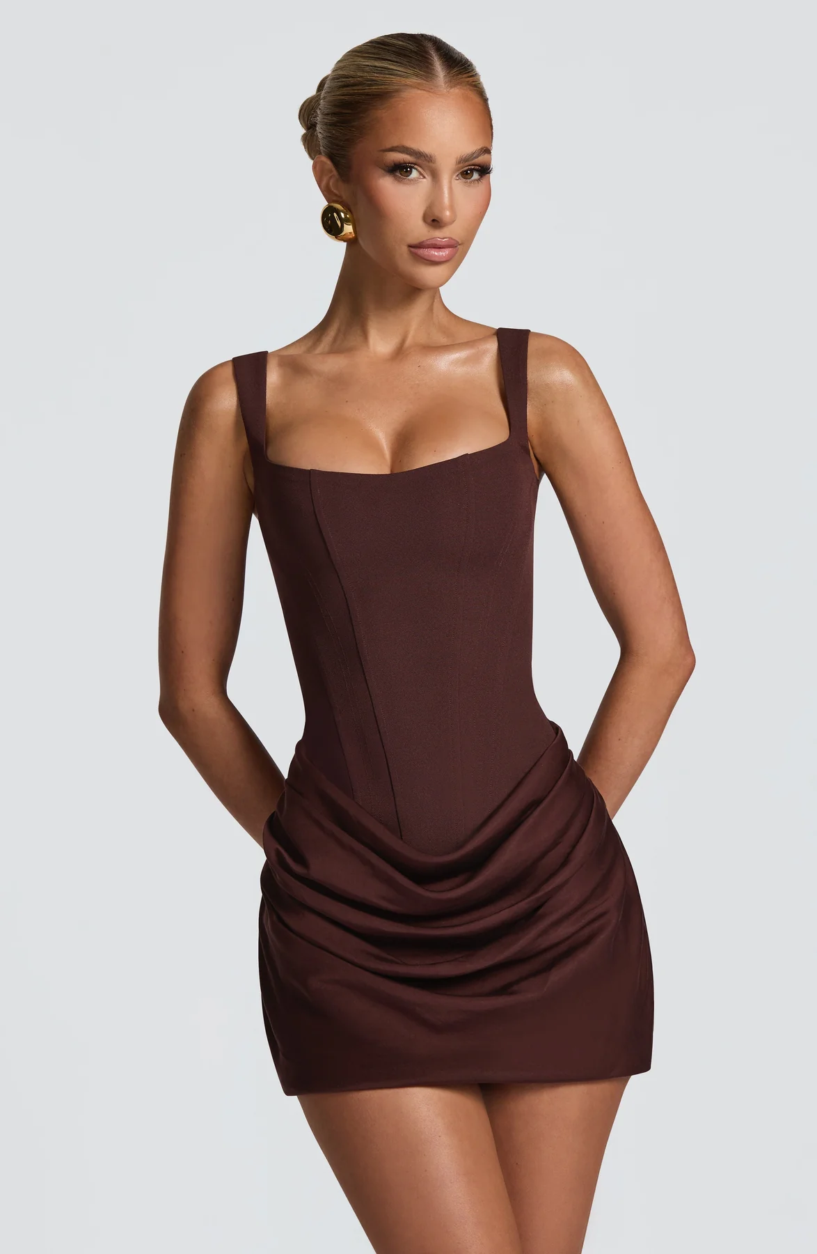 Harriet | Women’s Mini Dress | Square Neck Draped Skirt Evening Wear — image 09 — MAREACO