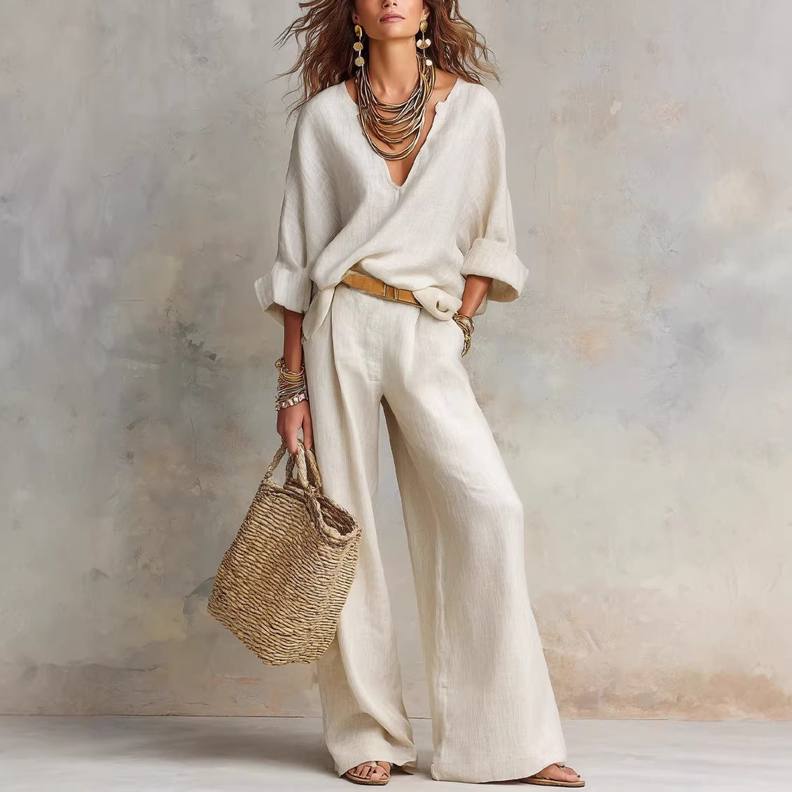 Harriet | Women’s Two-Piece Set | V Neck Top Wide Leg Trousers Daywear — image 01 — MAREACO