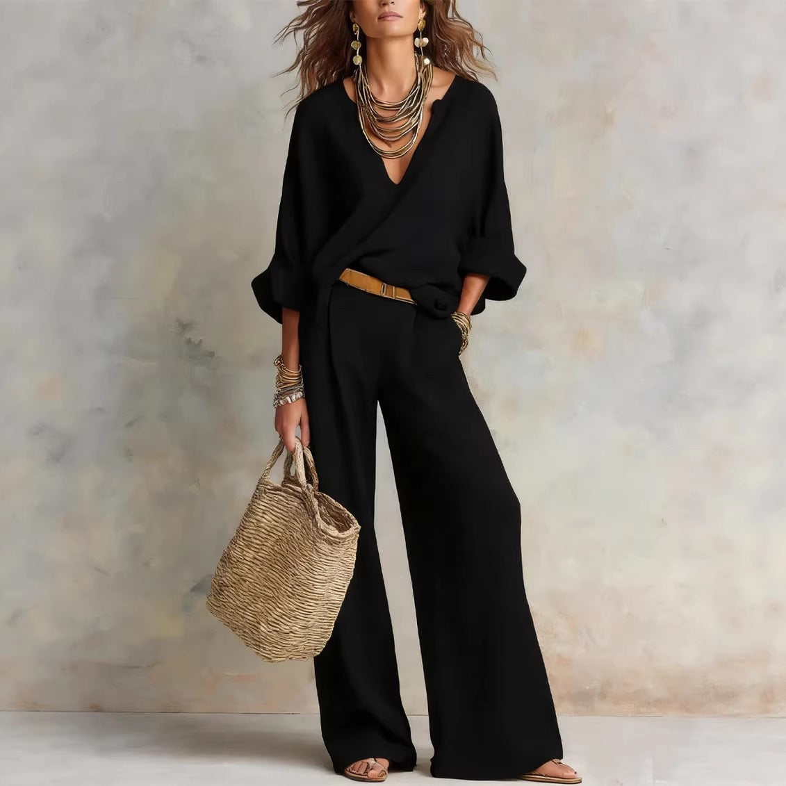 Harriet | Women’s Two-Piece Set | V Neck Top Wide Leg Trousers Daywear — image 02 — MAREACO