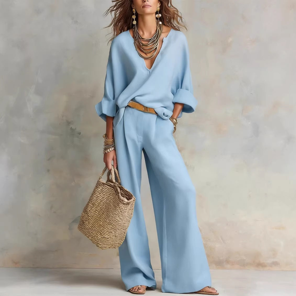 Harriet | Women’s Two-Piece Set | V Neck Top Wide Leg Trousers Daywear — image 03 — MAREACO
