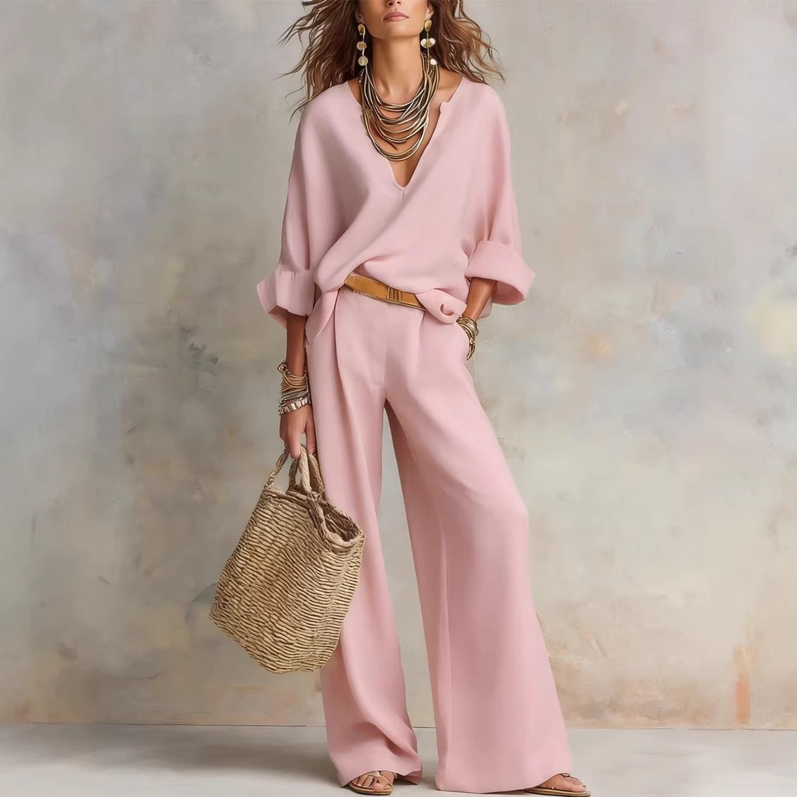 Harriet | Women’s Two-Piece Set | V Neck Top Wide Leg Trousers Daywear — image 04 — MAREACO