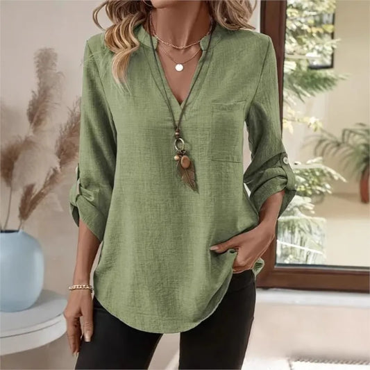 Isabella | Women’s Blouse | Roll Tab Sleeves Chest Pocket Daywear — image 01 — MAREACO