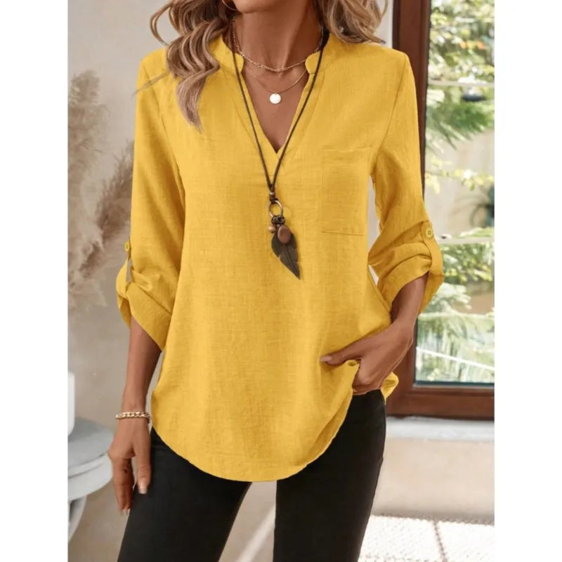 Isabella | Women’s Blouse | Roll Tab Sleeves Chest Pocket Daywear — image 04 — MAREACO