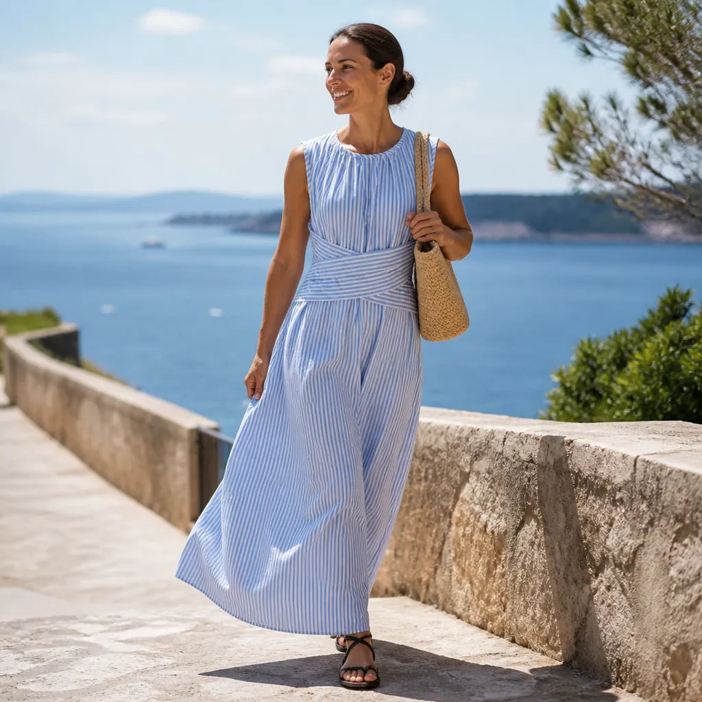 Isabella | Women’s Maxi Dress | Striped Pattern Crossover Waist Summer Wear — image 03 — MAREACO