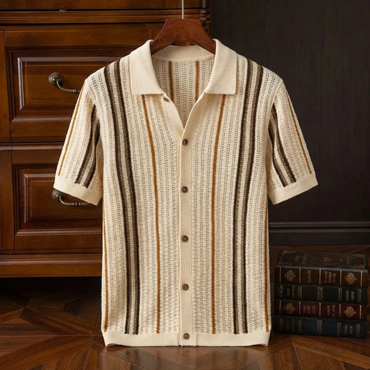 Jessica | Men’s Polo Shirt | Vertical Stripes Button Front Daywear — image 01 — MAREACO