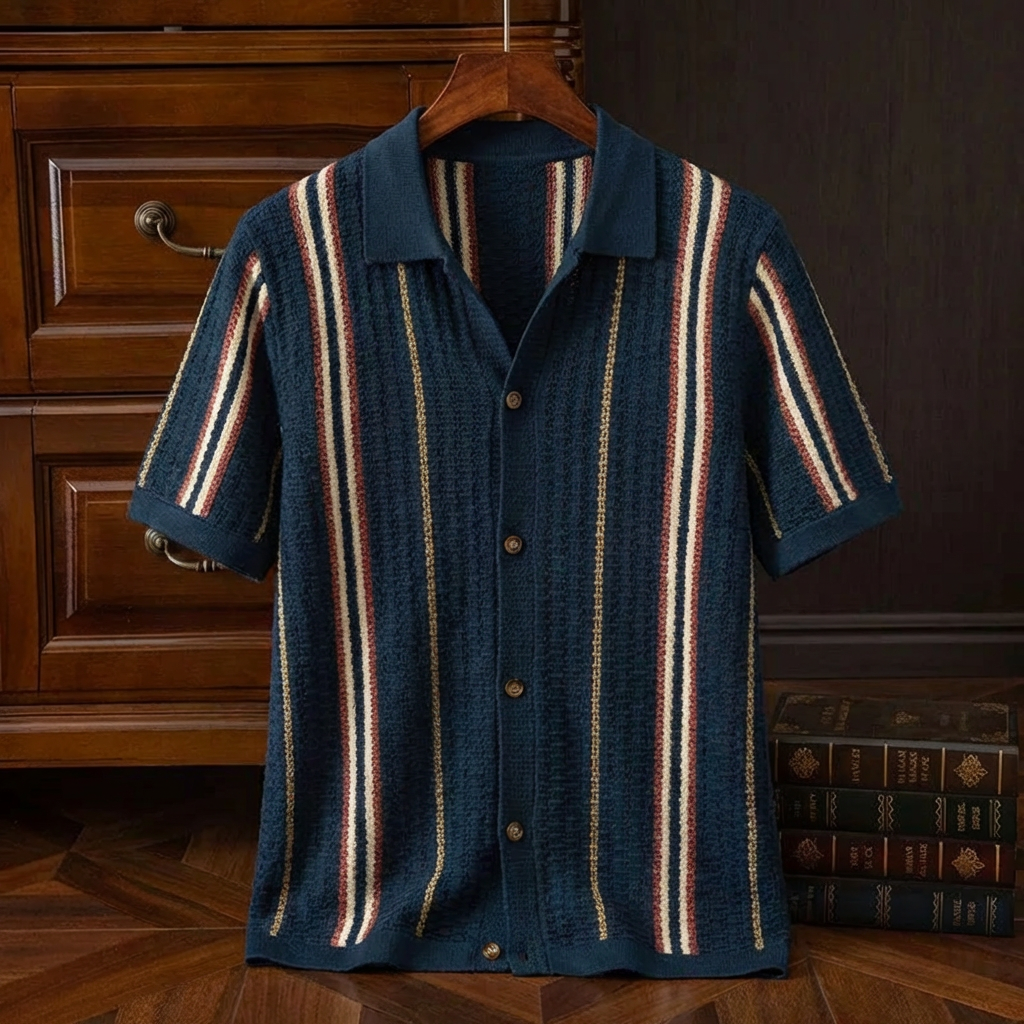 Jessica | Men’s Polo Shirt | Vertical Stripes Button Front Daywear — image 02 — MAREACO