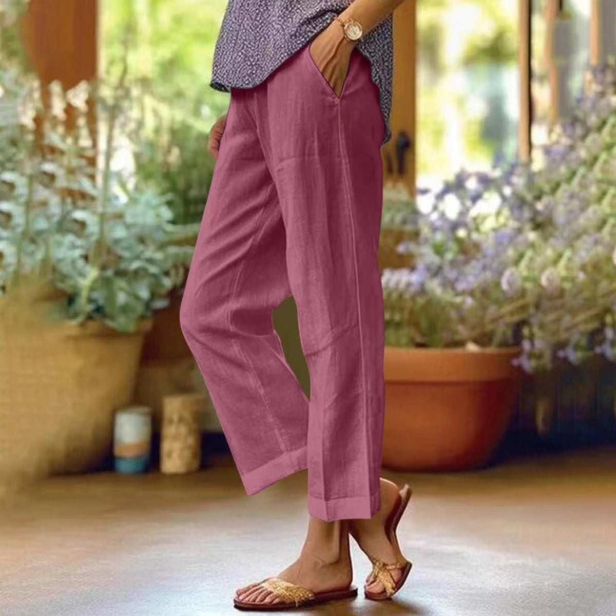 Jessica | Women’s Cropped Trousers | Straight Legs Folded Hems Everyday Wear — image 07 — MAREACO