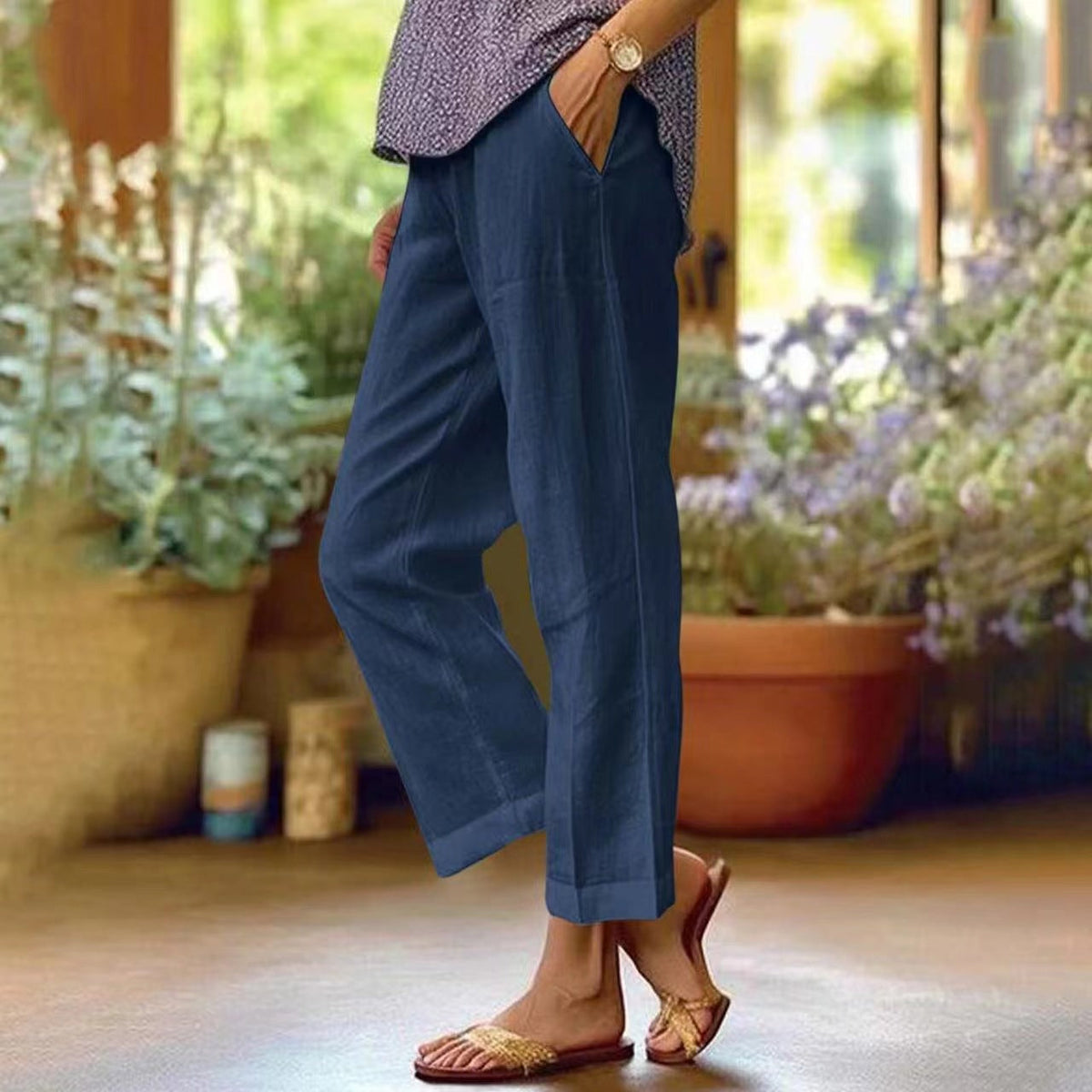 Jessica | Women’s Cropped Trousers | Straight Legs Folded Hems Everyday Wear — image 08 — MAREACO