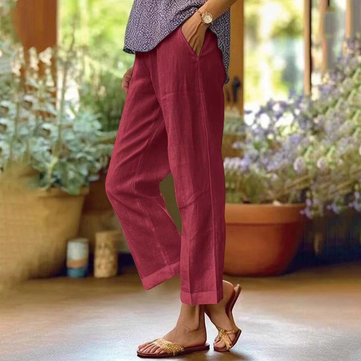 Jessica | Women’s Cropped Trousers | Straight Legs Folded Hems Everyday Wear — image 09 — MAREACO