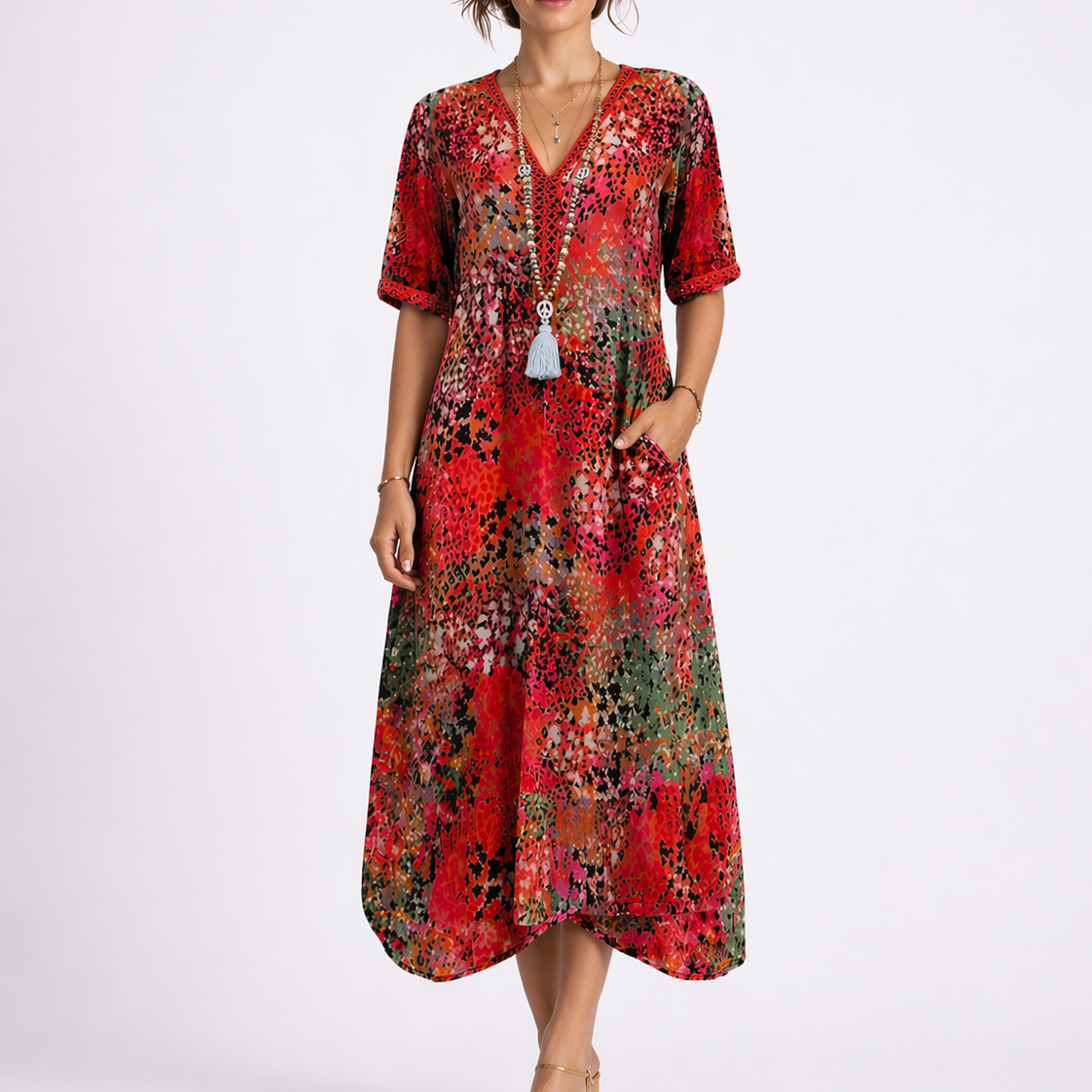 Jessica | Women’s Midi Dress | V Neck Short Sleeves Summer Wear — image 01 — MAREACO