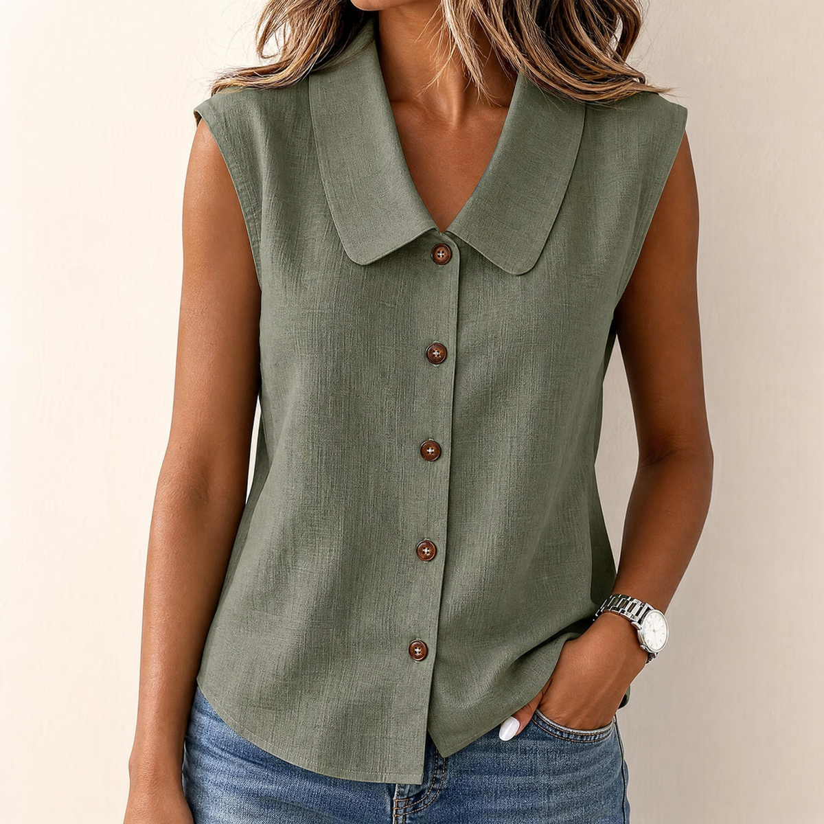 Jessica | Women’s Top | Rounded Collar Sleeveless Cut Summer Wear — image 01 — MAREACO