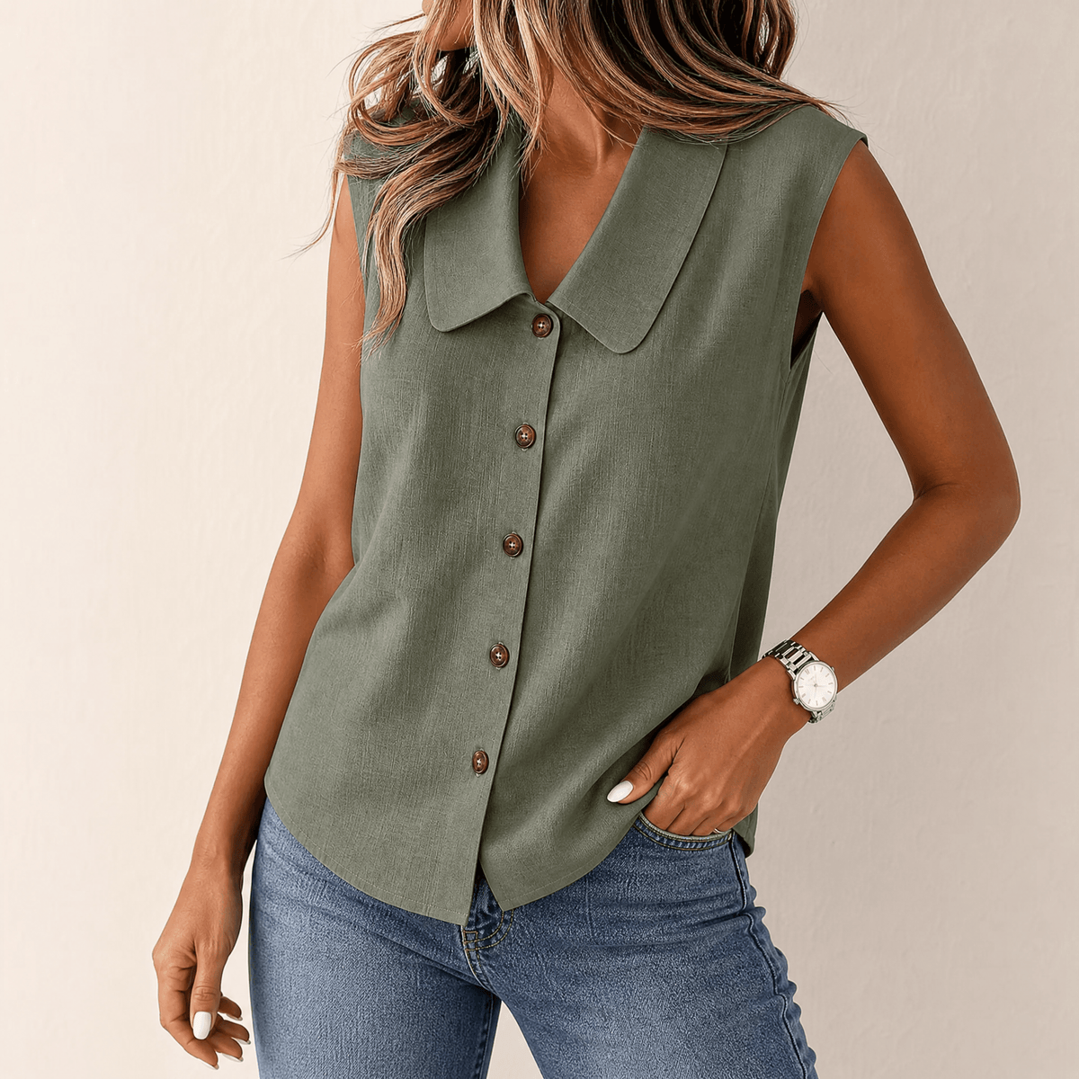 Jessica | Women’s Top | Rounded Collar Sleeveless Cut Summer Wear — image 10 — MAREACO