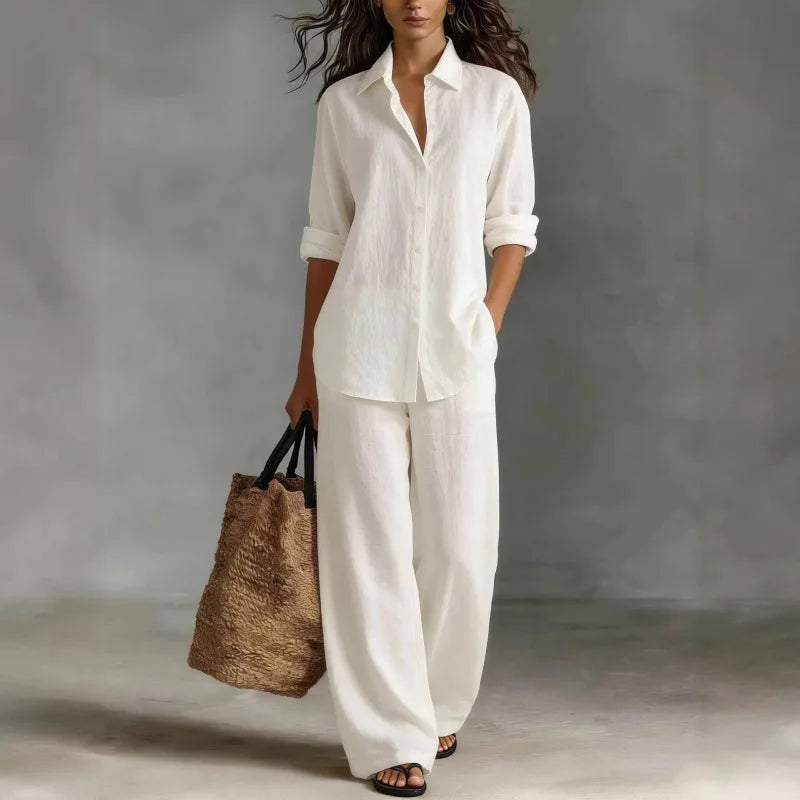 Jessica | Women’s Two-Piece Set | Button Front Shirt Wide Leg Trousers Daywear — image 01 — MAREACO