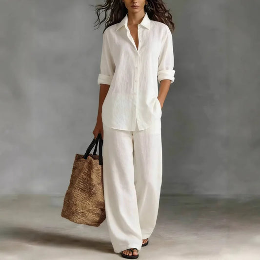 Jessica | Women’s Two-Piece Set | Button Front Shirt Wide Leg Trousers Daywear — image 01 — MAREACO