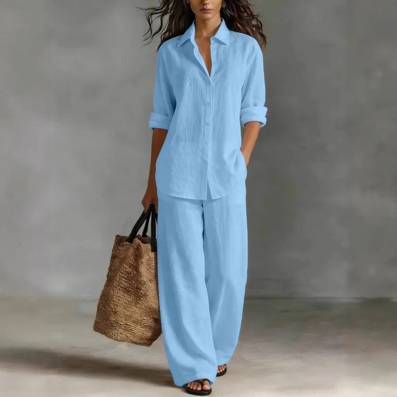 Jessica | Women’s Two-Piece Set | Button Front Shirt Wide Leg Trousers Daywear — image 02 — MAREACO