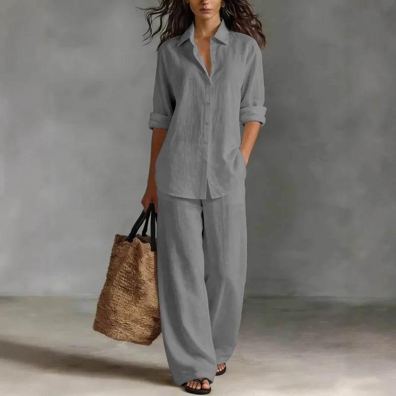 Jessica | Women’s Two-Piece Set | Button Front Shirt Wide Leg Trousers Daywear — image 03 — MAREACO
