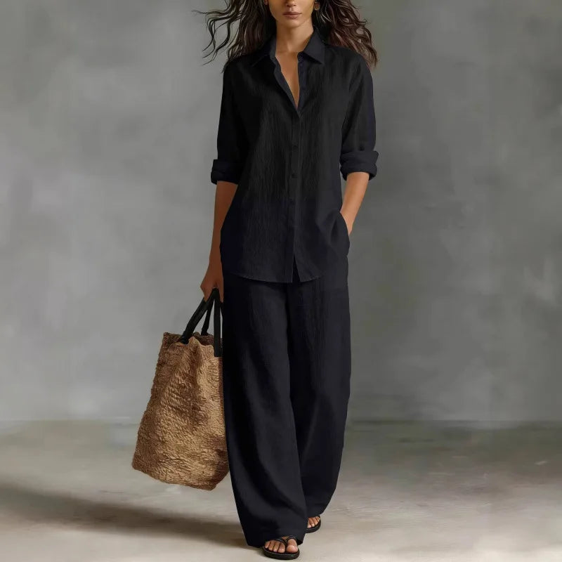 Jessica | Women’s Two-Piece Set | Button Front Shirt Wide Leg Trousers Daywear — image 04 — MAREACO