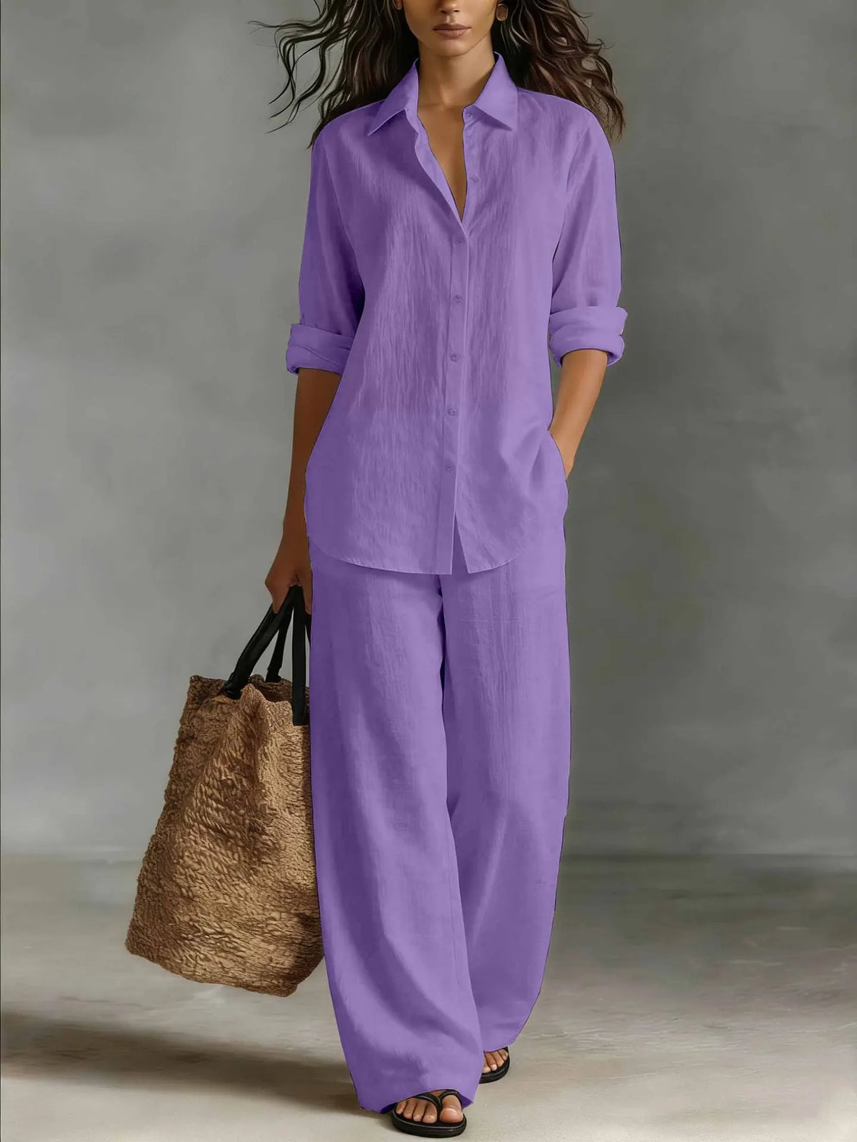 Jessica | Women’s Two-Piece Set | Button Front Shirt Wide Leg Trousers Daywear — image 05 — MAREACO