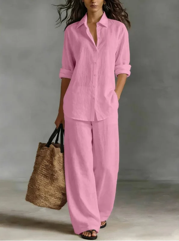 Jessica | Women’s Two-Piece Set | Button Front Shirt Wide Leg Trousers Daywear — image 06 — MAREACO