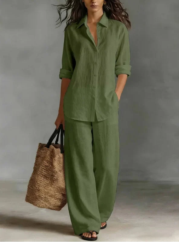Jessica | Women’s Two-Piece Set | Button Front Shirt Wide Leg Trousers Daywear — image 07 — MAREACO
