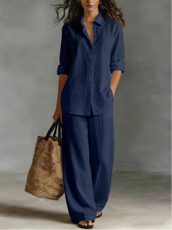 Jessica | Women’s Two-Piece Set | Button Front Shirt Wide Leg Trousers Daywear — image 08 — MAREACO