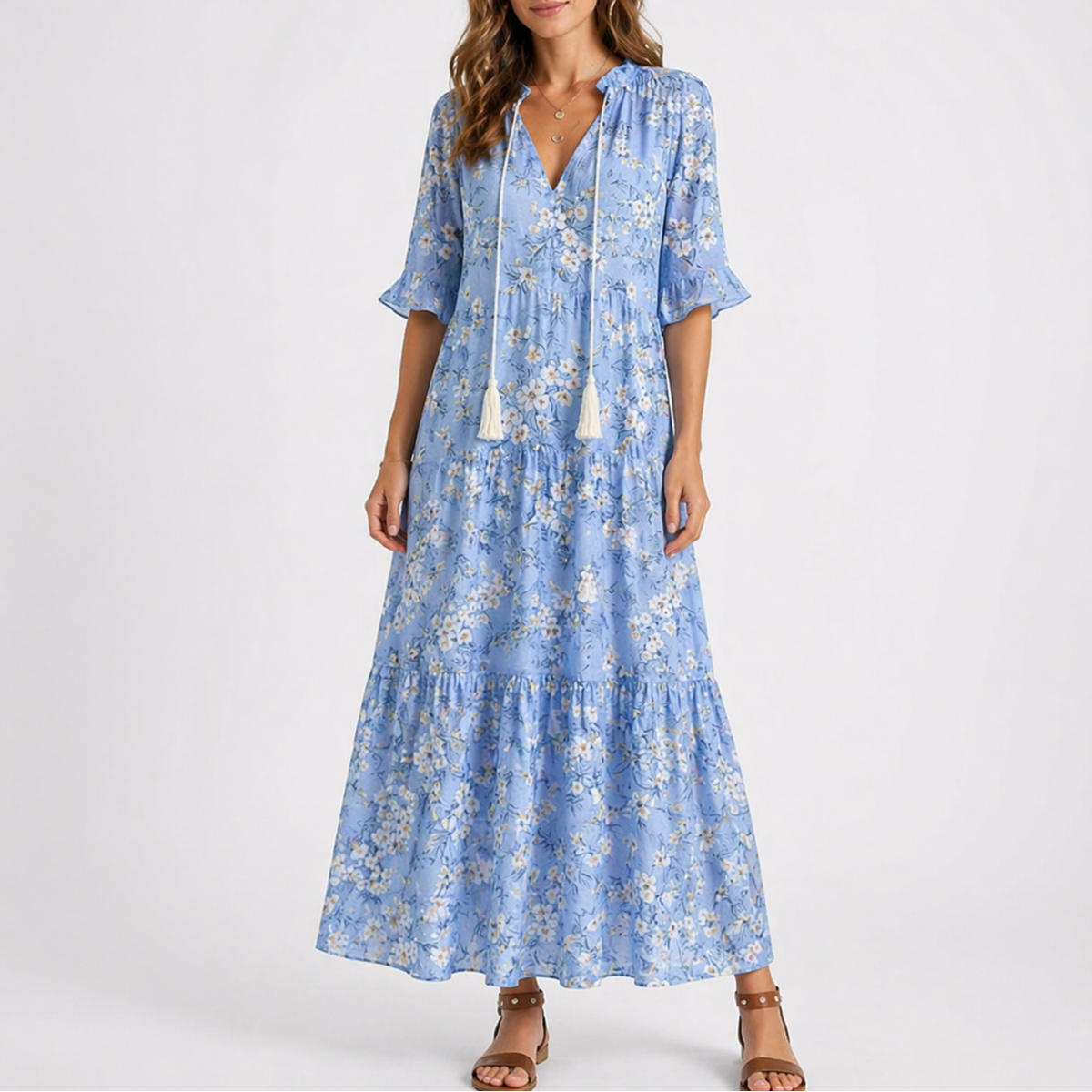 Lily | Women’s Midi Dress | Floral Pattern Tiered Skirt Summer Wear — image 03 — MAREACO