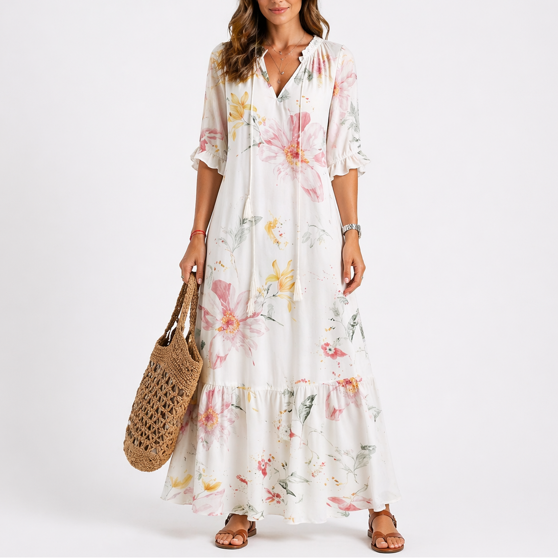 Lily | Women’s Midi Dress | Floral Pattern Tiered Skirt Summer Wear — image 06 — MAREACO