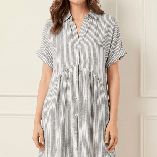 Lily | Women’s Midi Dress | Vertical Stripes Gathered Waist Everyday Wear — image 01 — MAREACO