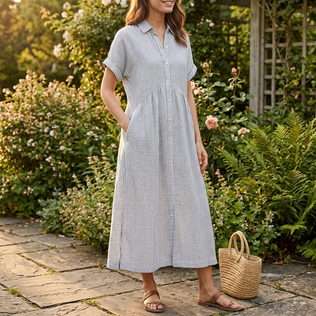 Lily | Women’s Midi Dress | Vertical Stripes Gathered Waist Everyday Wear — image 05 — MAREACO