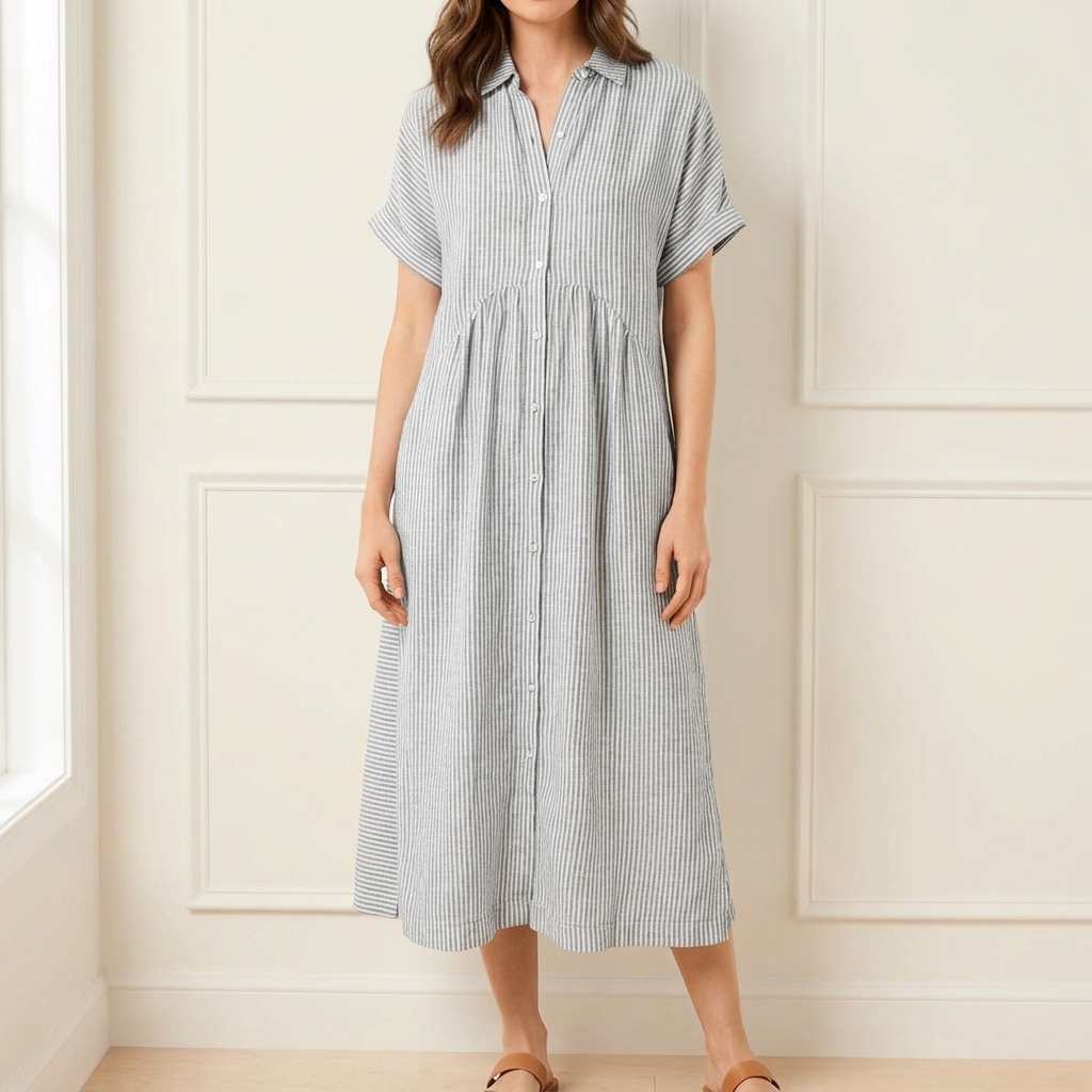 Lily | Women’s Midi Dress | Vertical Stripes Gathered Waist Everyday Wear — image 06 — MAREACO