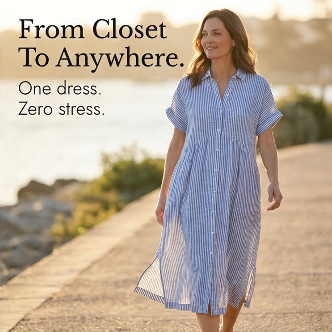 Lily | Women’s Midi Dress | Vertical Stripes Gathered Waist Everyday Wear — image 09 — MAREACO