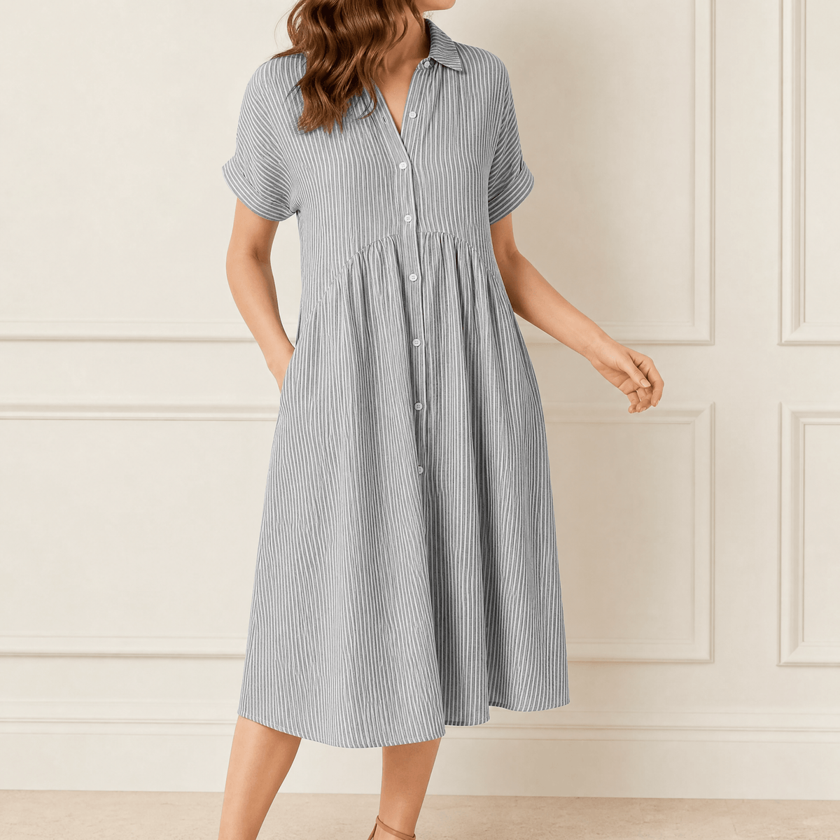 Lily | Women’s Midi Dress | Vertical Stripes Gathered Waist Everyday Wear — image 11 — MAREACO