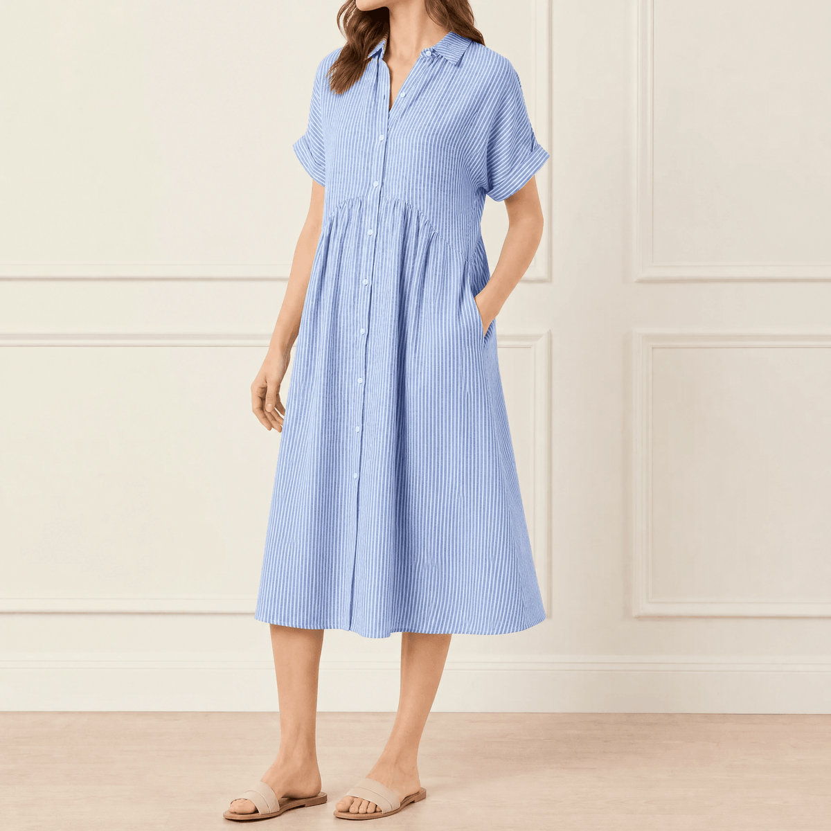 Lily | Women’s Midi Dress | Vertical Stripes Gathered Waist Everyday Wear — image 12 — MAREACO