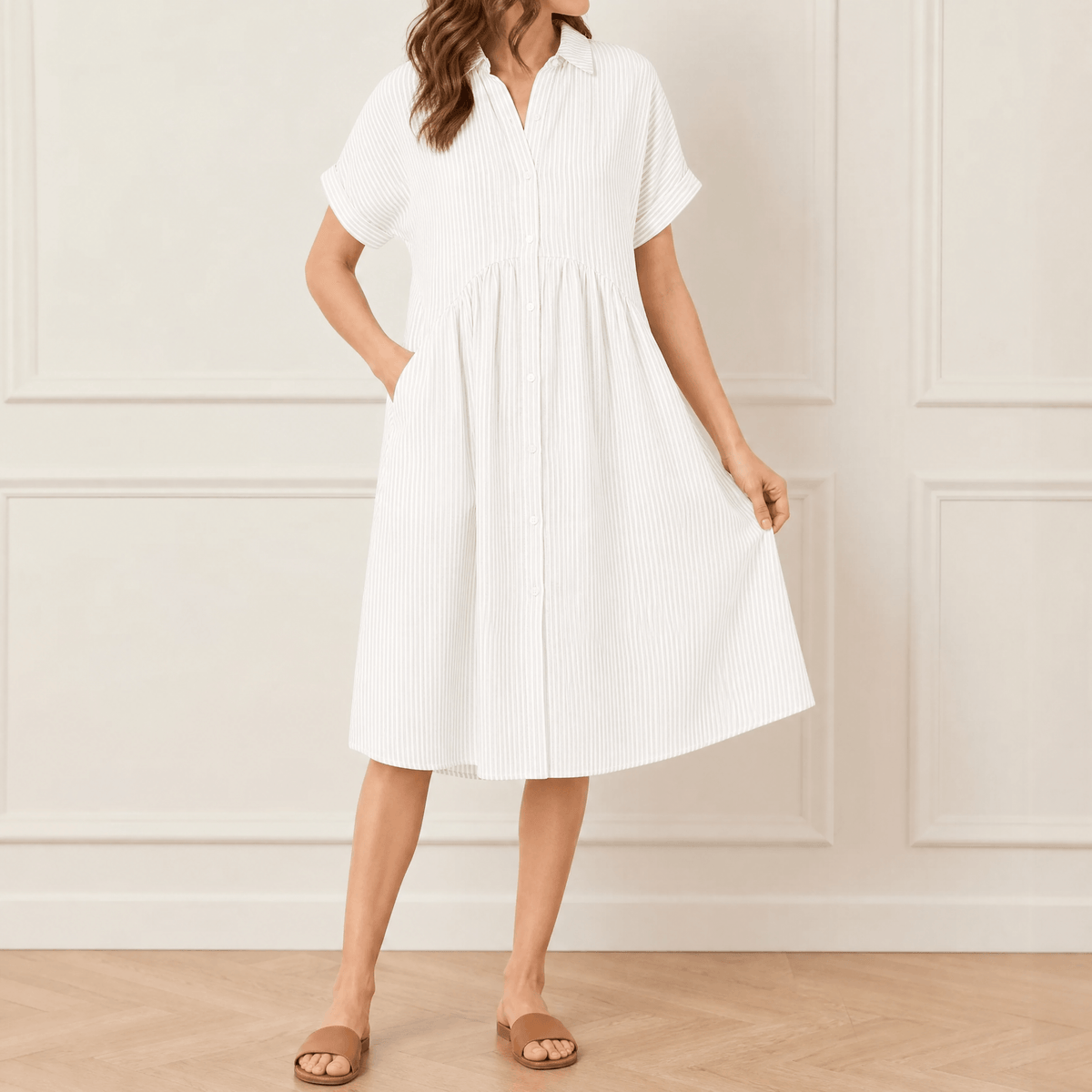 Lily | Women’s Midi Dress | Vertical Stripes Gathered Waist Everyday Wear — image 13 — MAREACO
