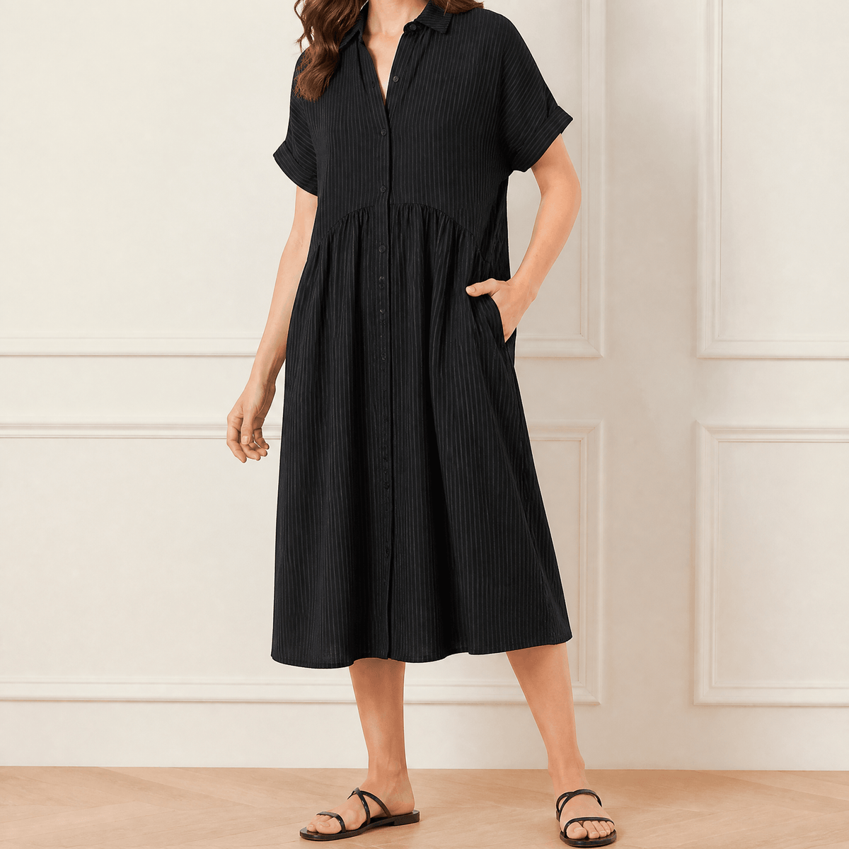 Lily | Women’s Midi Dress | Vertical Stripes Gathered Waist Everyday Wear — image 14 — MAREACO
