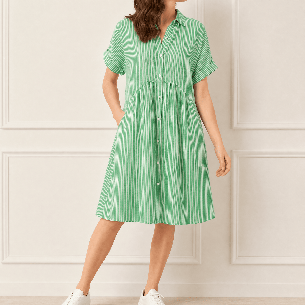 Lily | Women’s Midi Dress | Vertical Stripes Gathered Waist Everyday Wear — image 15 — MAREACO