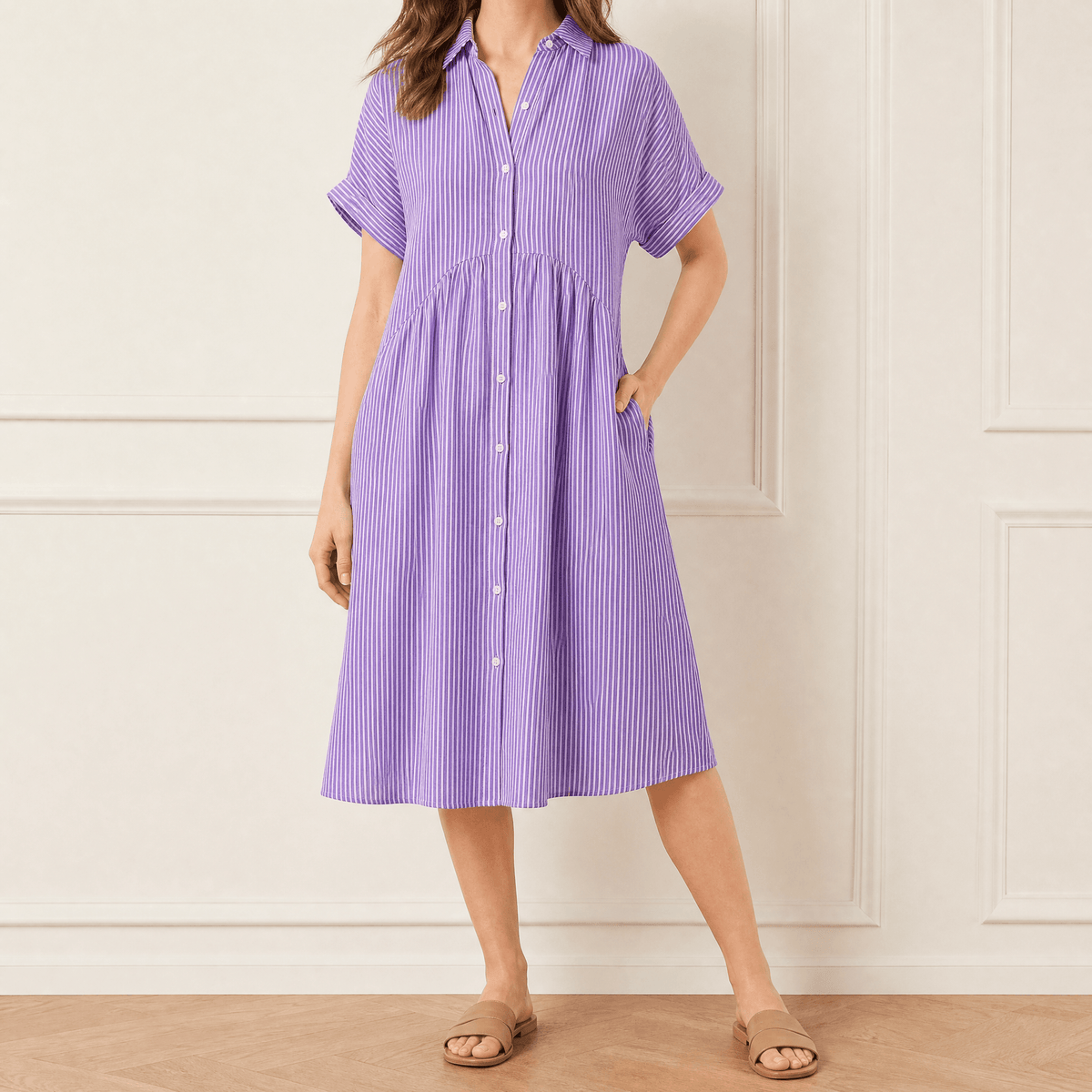 Lily | Women’s Midi Dress | Vertical Stripes Gathered Waist Everyday Wear — image 16 — MAREACO