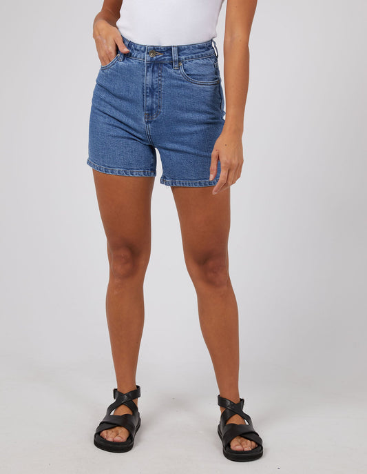 Mila | Women’s Denim Shorts | High Rise Straight Legs Mid Blue — image 01