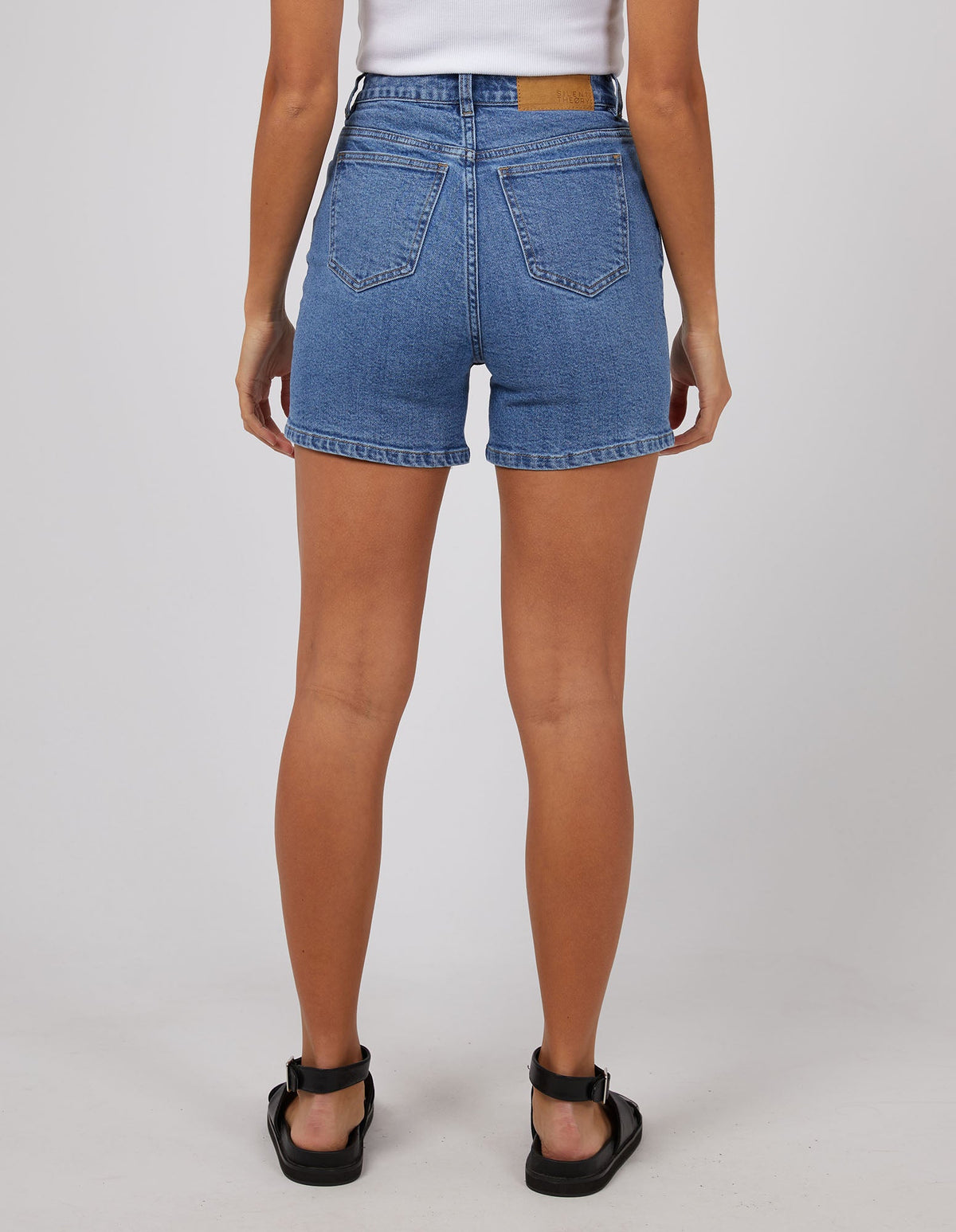 Mila | Women’s Denim Shorts | High Rise Straight Legs Mid Blue — image 03