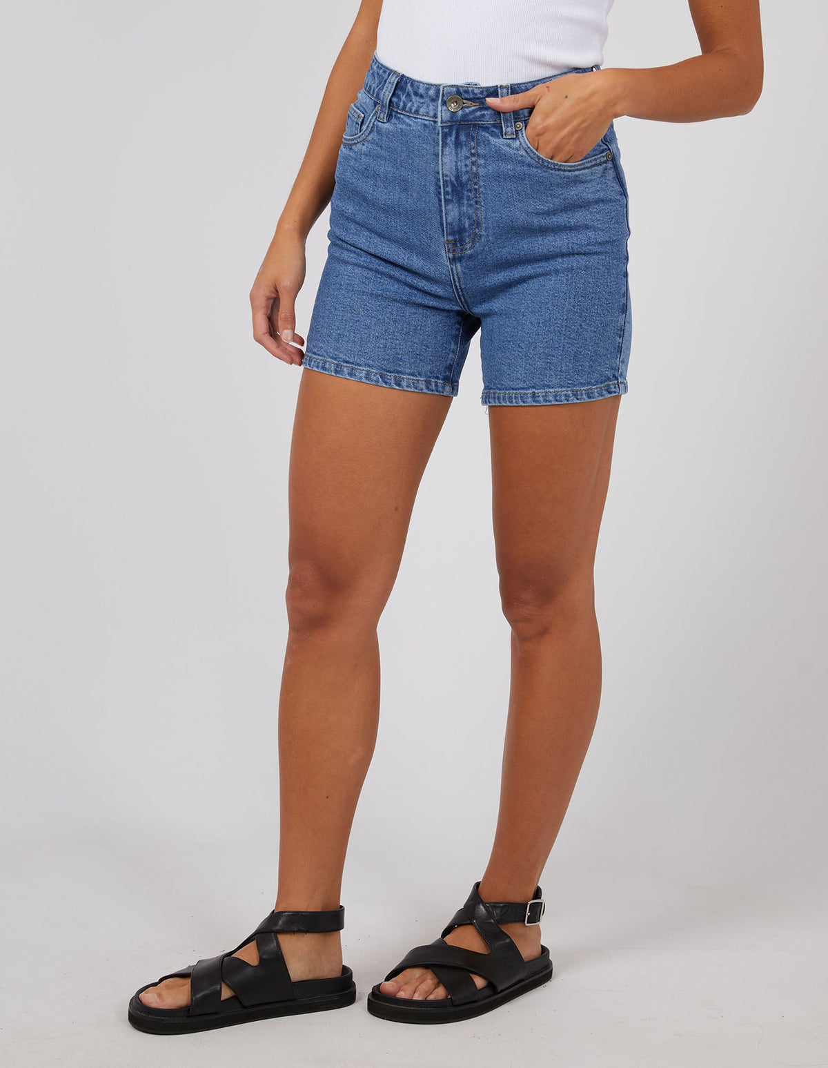 Mila | Women’s Denim Shorts | High Rise Straight Legs Mid Blue — image 04