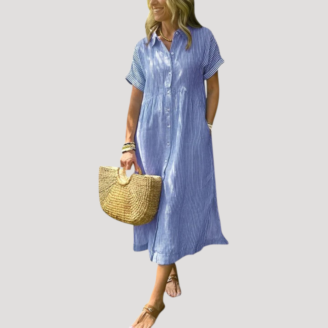 Grace | Women’s Midi Dress | Striped Pattern Shirt Collar Daywear — image 01
