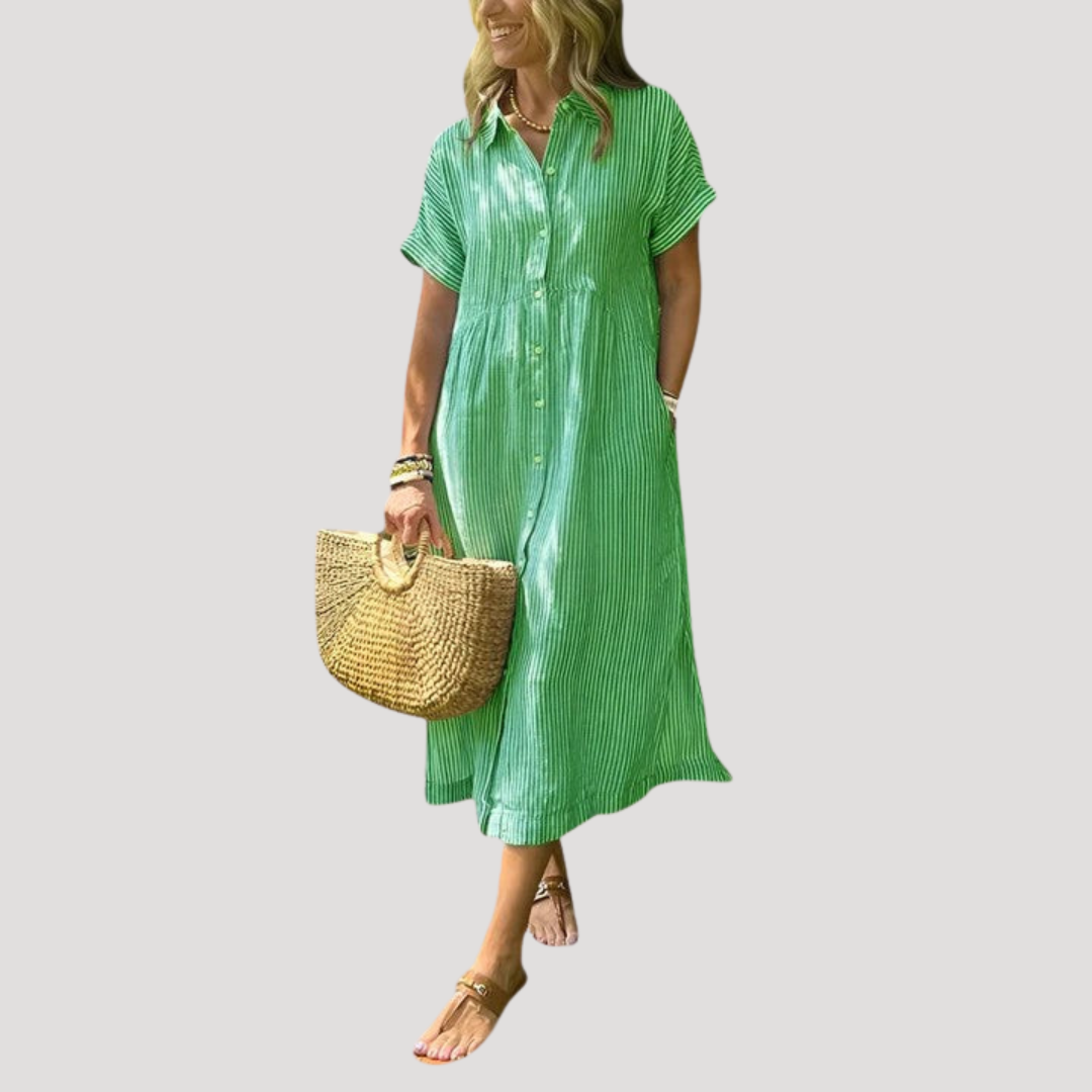Grace | Women’s Midi Dress | Striped Pattern Shirt Collar Daywear — image 02