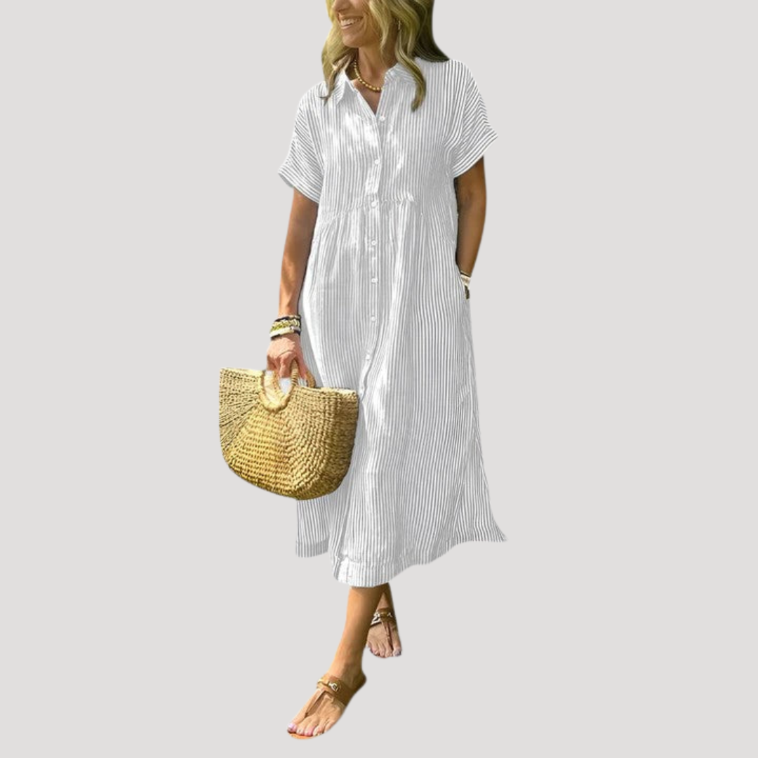 Grace | Women’s Midi Dress | Striped Pattern Shirt Collar Daywear — image 03