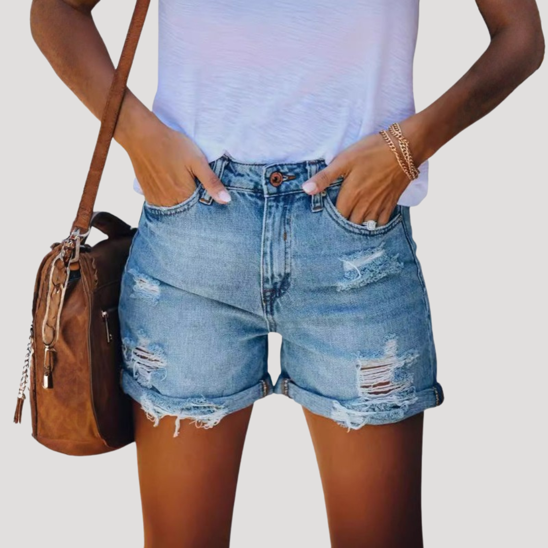 Freya | Women’s Denim Shorts | High Waist Distressed Details Summer Wear — image 01